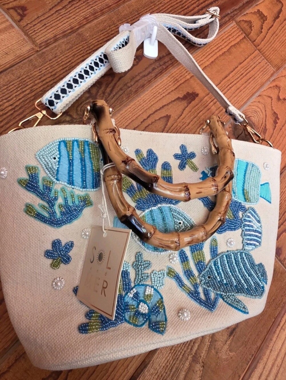 SOLE AND MER Beaded Embroidered Tote Bag with Shoulder Strap Fish Ocean NWT